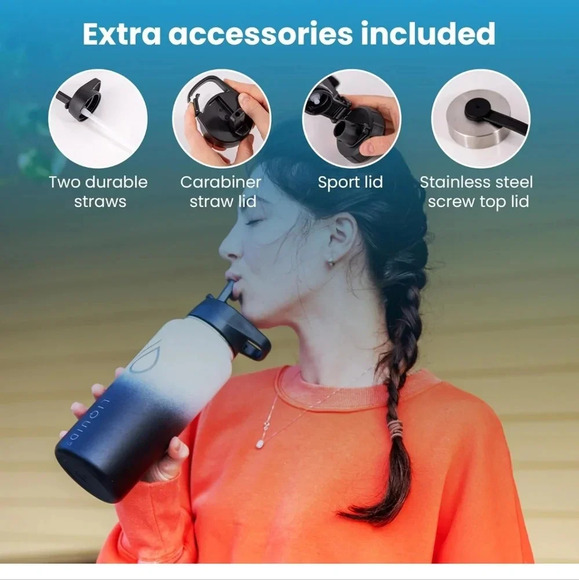 Insulated Water Bottle with Straw Lid - 32oz. Includes 3 Lids. Double Walled - Picture 3 of 7